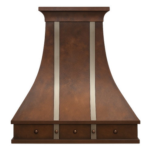 Decorative copper kitchen vent hood with silver vertical straps front view, hammered copper canopy with contrasting metal bands and riveted detailing