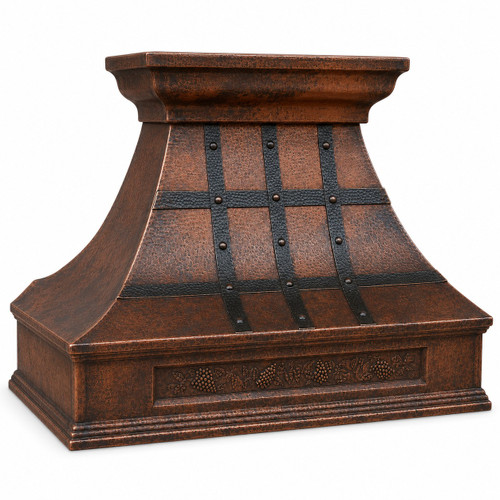 36 inch copper range hood with decorative apron on sale angled view, hammered copper canopy with ornate apron detail and warm rustic patina