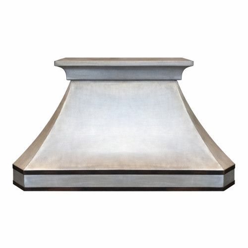 Front view brushed zinc range hood with crown shelf and dark trim