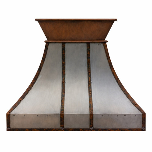 Iron range hood with riveted straps, flared collar presents and bold architectural form rooted in traditional metal craftsmanship