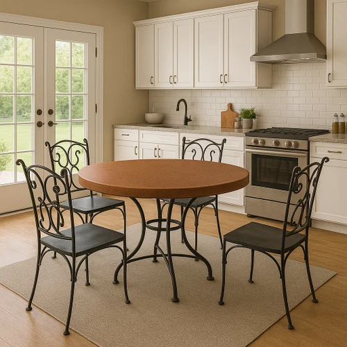 Handcrafted round copper table top in suburban kitchen with French doors, light patina surface paired with decorative iron chairs