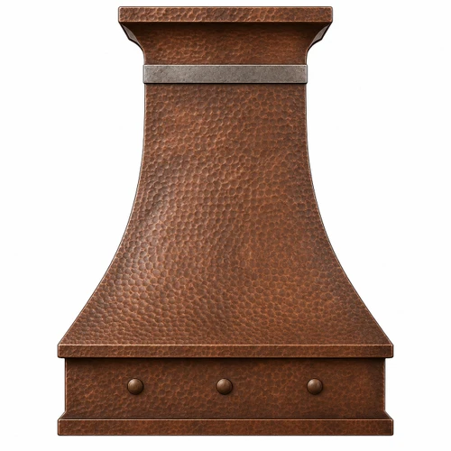 Slim sloping copper range hood with horizontal zinc crown band, shown from the front