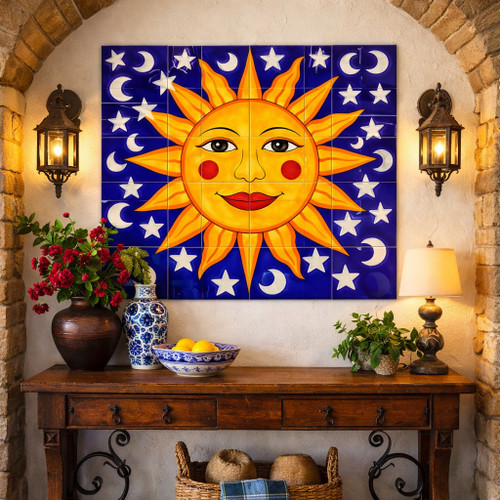 Talavera sun moon tile mural with stars on blue sky decorating a Spanish Revival interior wall with traditional celestial sun and moon Talavera tile art