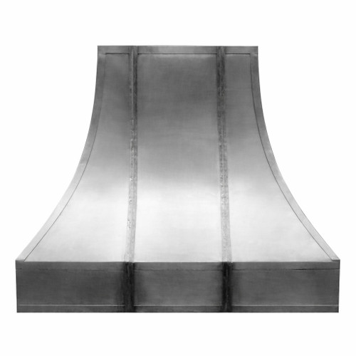 European bell-shaped zinc range hood with straps and a classic tapered silhouette
