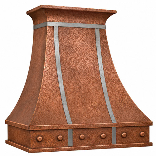 Side view of a copper range hood with vertical zinc straps and riveted apron on a white background