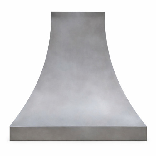 Smooth zinc range hood with natural finish, refined bell silhouette with calm vertical lines and a controlled lower flare