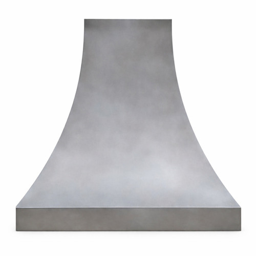 Front view of smooth natural zinc bell range hood on white background