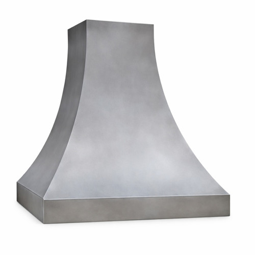 Side view of smooth natural zinc bell range hood on white background