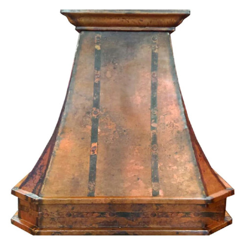 Front view of handmade copper range hood with rustic finish