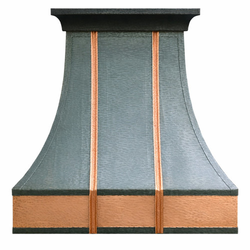 Hammered dark zinc range hood with copper apron, tall architectural bell profile and disciplined, gently flared base