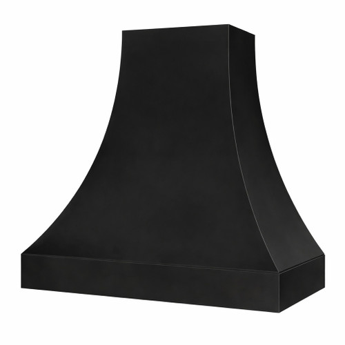 Side view of a black zinc bell range hood with smooth tapered profile