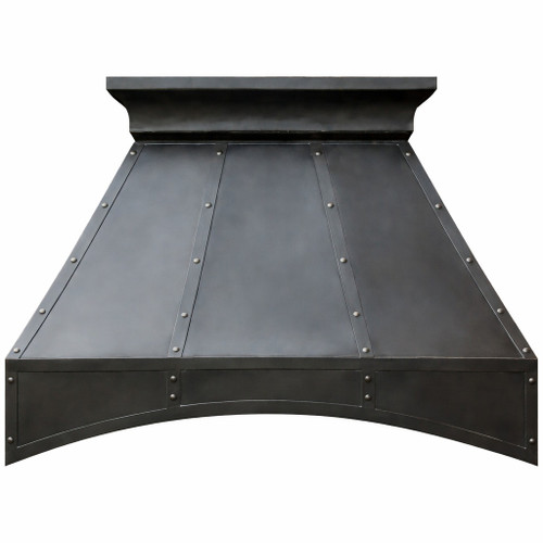 Black zinc range hood with curved apron, tall tapered bell profile widening smoothly from crown