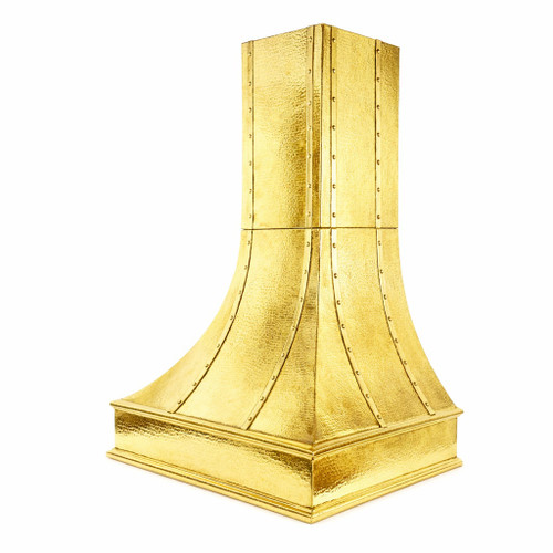 Riveted Flare Tin Range Hood with Stepped Base side view on white background, flared bell canopy with riveted seam bands, tall chimney and deep stepped base profile design