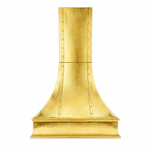 Riveted Flare Tin Range Hood with Stepped Base front view on white background, flared bell canopy with riveted seam bands, tall chimney and deep stepped base design