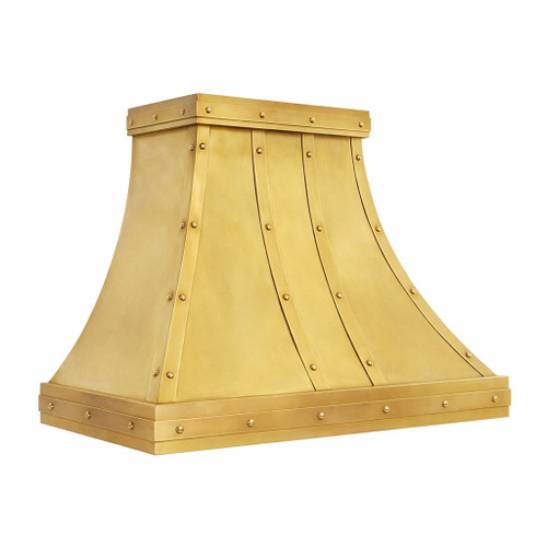 Angled view of riveted tin range hood with curved bell canopy and flared lower skirt
