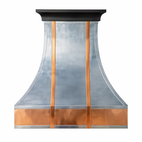 Polished zinc range hood with copper straps and apron featuring a tall flared bell profile with smooth continuous curves