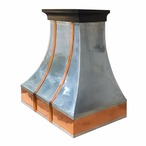 Polished zinc range hood with copper straps and apron side view