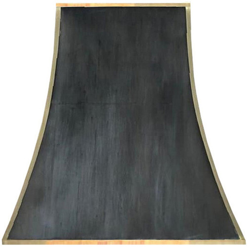 Sculpted black zinc range hood with copper straps