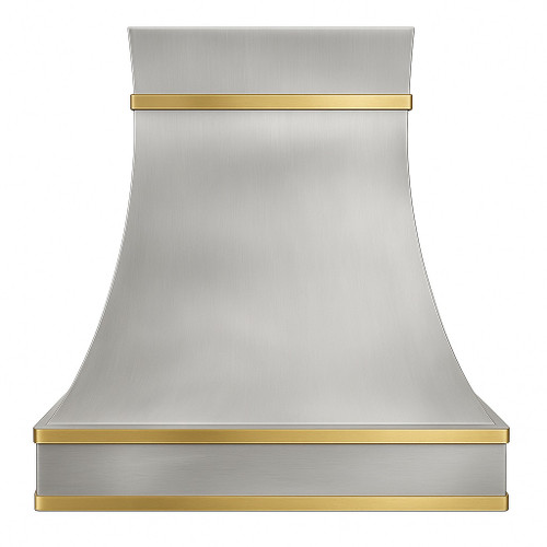 Zinc range hood with brass straps for a modern rustic kitchen