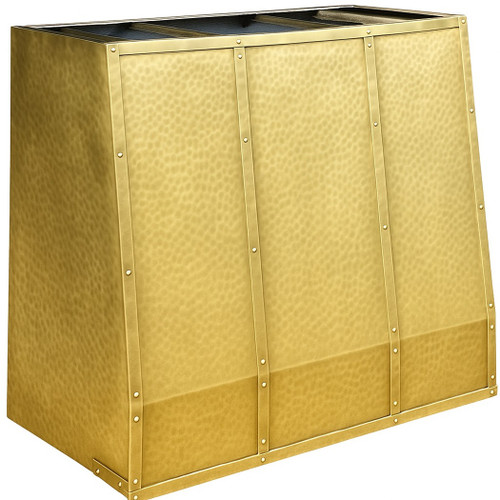 Hammered brass range hood with riveted straps, side view