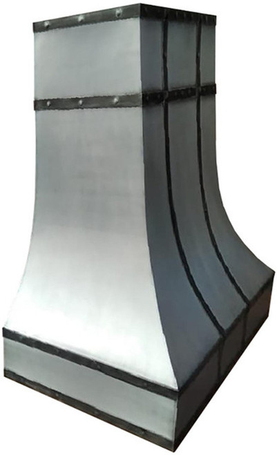 Brushed zinc range hood with darkened zinc straps, profile view