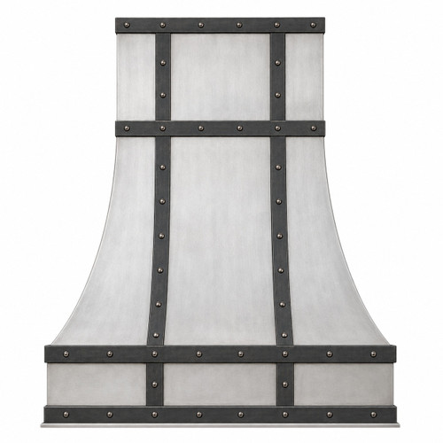 Brushed zinc range hood front view with darkened zinc straps, rivets, bell flare, and boxed apron