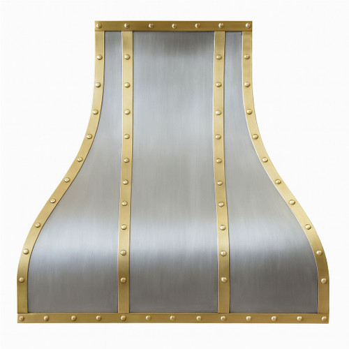 Handcrafted brushed zinc range hood with brass straps