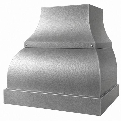 Angled view of a soft-hammered zinc bell range hood showing curved sides, riveted band, and deep boxed apron