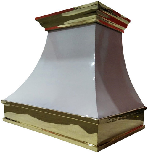 Painted white metal range hood with brass detailing side view, glossy white canopy with polished brass trim and tapered profile
