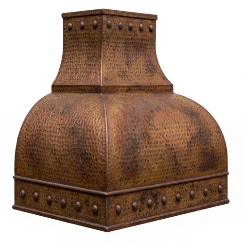 Angled view of riveted copper apron detail showing riveted apron and soft hand-hammered texture