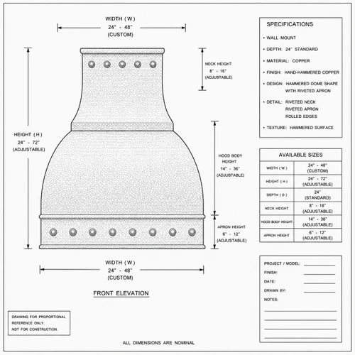 Hand-hammered dome canopy copper range hood technical drawing showing proportions and riveted apron