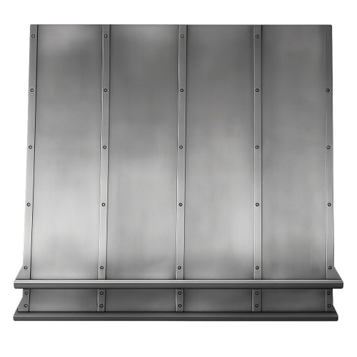 42 inch wall mount zinc range hood in smooth design front view, clean tapered canopy with refined zinc surface and understated profile