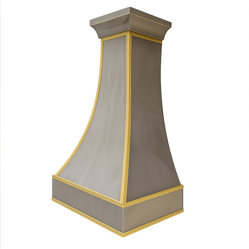 Brass range hood with golden accents on white background detail view