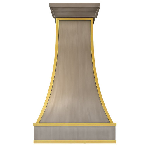 Brass range hood with golden accents on white background front view