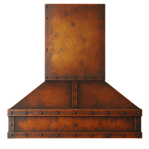 Rustic copper kitchen range hood with industrial look and rivets front view