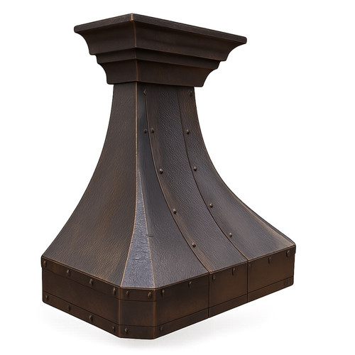 Detailed view of custom octagonal trumpet bell copper range hood showing concave throat, convex flare, hammered finish and octagonal apron