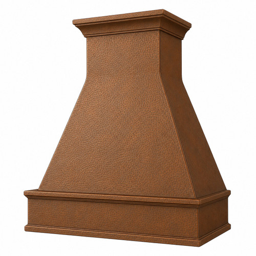 Angled view of hammered copper range hood showing tapered canopy, crown molding, and deep apron