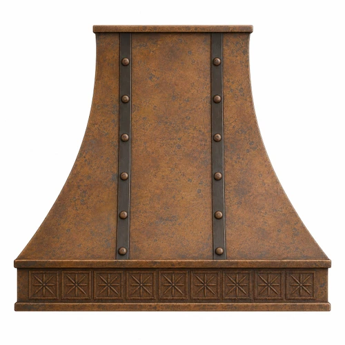 Flared copper range hood with iron straps and raised starflower apron in antique patina