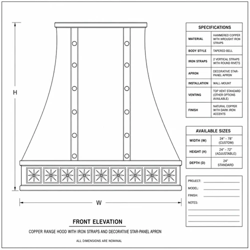 Technical drawing of flared copper range hood with iron straps showing dimensions, proportions, and apron profile