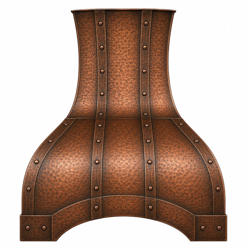 Front view of soft hand-hammered copper range hood with antique patina, riveted straps and arched apron