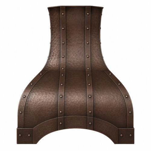 Front view of hammered copper range hood in coffee patina with riveted straps and arched apron on white background