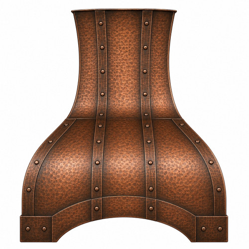 Front view of soft hand-hammered copper range hood with antique patina, riveted straps and arched apron