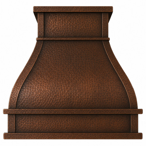 Tuscan copper range hood with hammered coffee patina, curved body, squared chimney, and wide trim bands