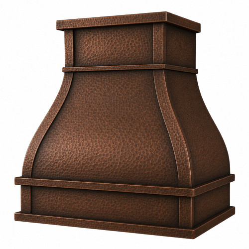 Angled Tuscan copper range hood with hammered coffee patina, curved body, and wide trim bands