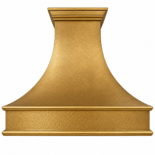 Tuscan brass range hood front view, flared brass canopy with warm golden finish and classic crown molding detail