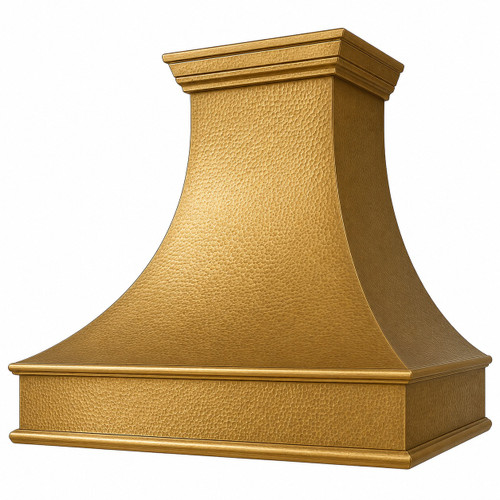 Tuscan brass range hood detail with crown molding and apron trim, warm golden brass surface with flared handcrafted canopy, angled view