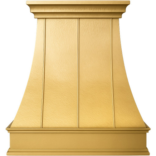 Transitional brass range hood on white background, smooth hand hammered brass canopy with flared trapezoid shape, paneled body and cornice crown molding