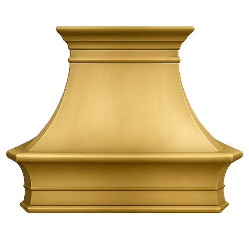 Front view of brushed brass range hood with classic crown molding
