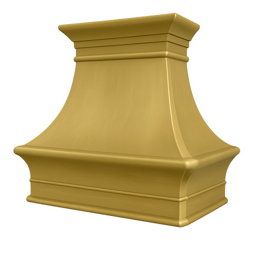 Angled view of brushed brass range hood showing its classic crown molding and apron detail