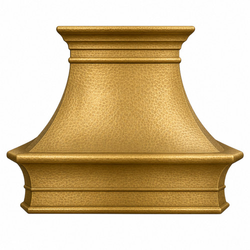 Front view of brushed and hand-hammered brass range hood with classic crown molding